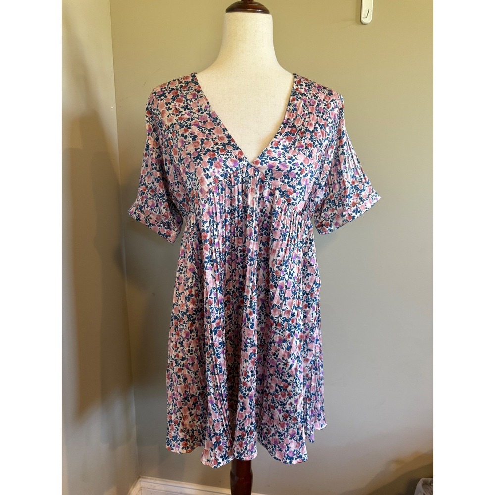 Lulus Floral Print Mini Dress V Neck Empire Waist Tie Back Short Sleeve S